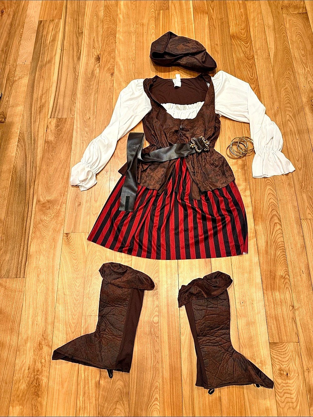 Female Pirate Brown & Red Striped Dress Costume M/L